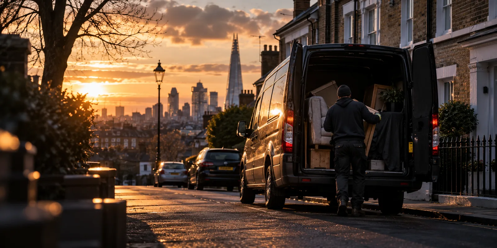 Clearance worker loading a van on a London street at sunset